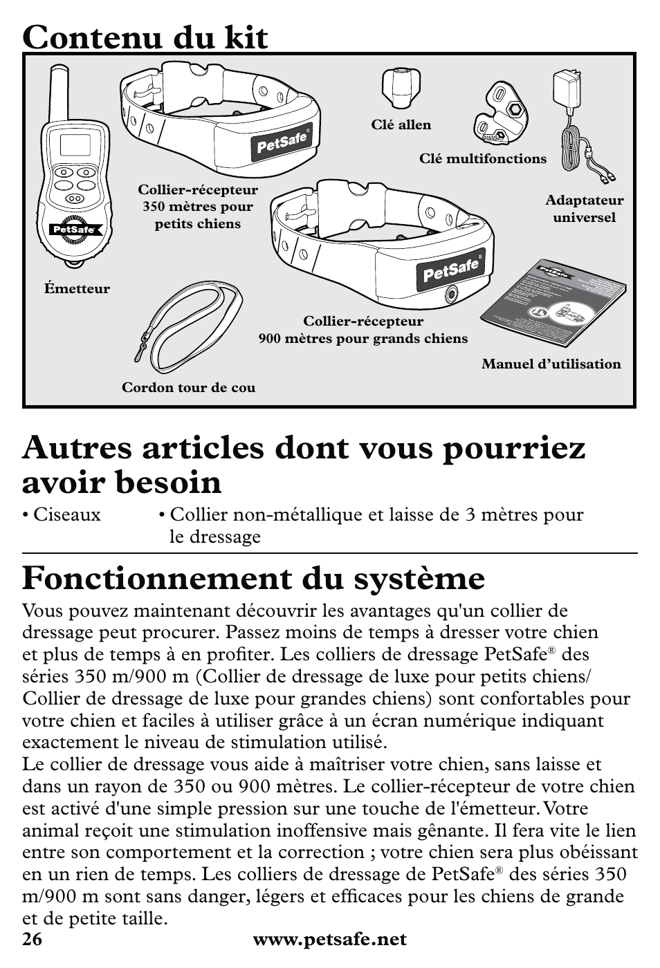 Contenu du kit, Autres articles dont vous pourriez avoir besoin, Fonctionnement du système | Petsafe 350 m Little Dog Deluxe Remote Trainer User Manual | Page 26 / 164
