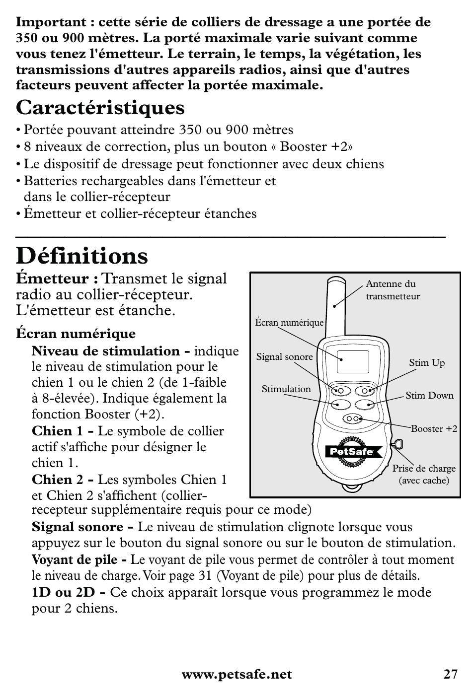 Définitions, Caractéristiques | Petsafe 350 m Little Dog Deluxe Remote Trainer User Manual | Page 27 / 164