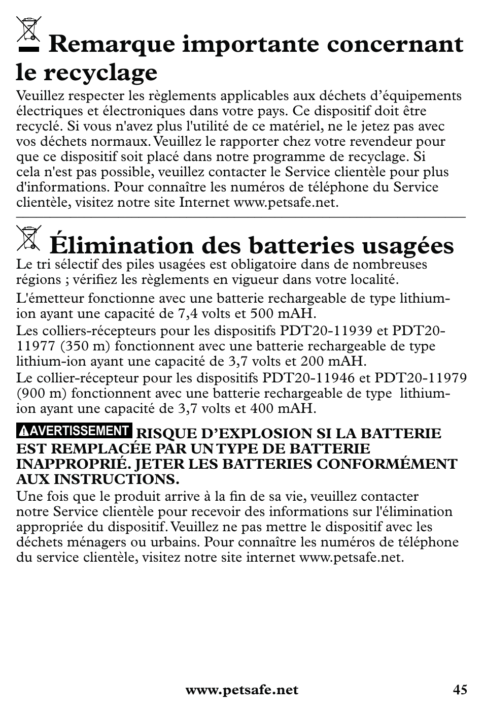 Remarque importante concernant le recyclage, Élimination des batteries usagées | Petsafe 350 m Little Dog Deluxe Remote Trainer User Manual | Page 45 / 164