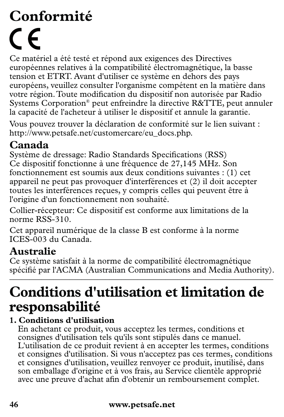 Conformité, Canada, Australie | Petsafe 350 m Little Dog Deluxe Remote Trainer User Manual | Page 46 / 164