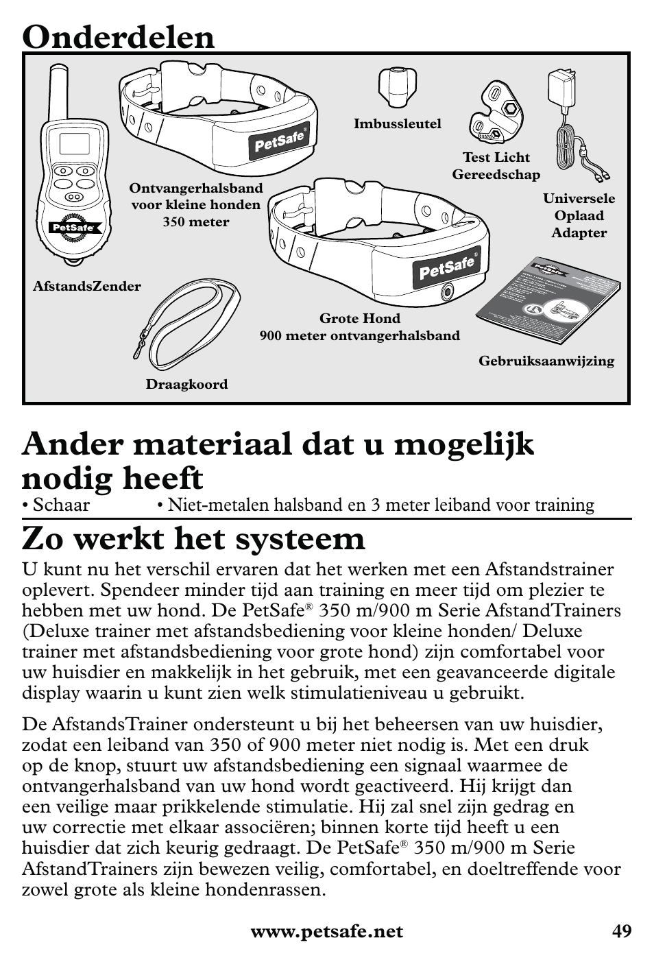 Onderdelen, Ander materiaal dat u mogelijk nodig heeft, Zo werkt het systeem | Petsafe 350 m Little Dog Deluxe Remote Trainer User Manual | Page 49 / 164