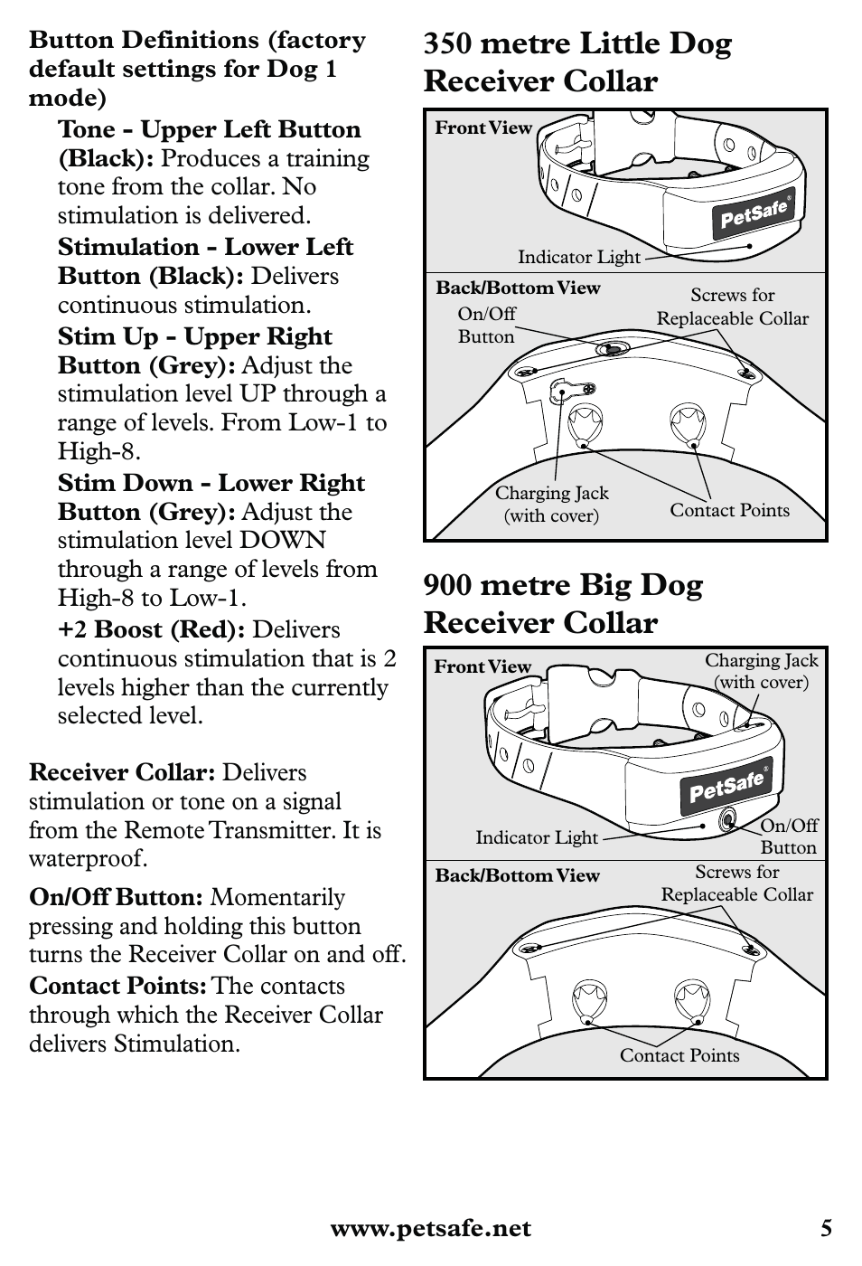 900 metre big dog receiver collar, 350 metre little dog receiver collar | Petsafe 350 m Little Dog Deluxe Remote Trainer User Manual | Page 5 / 164