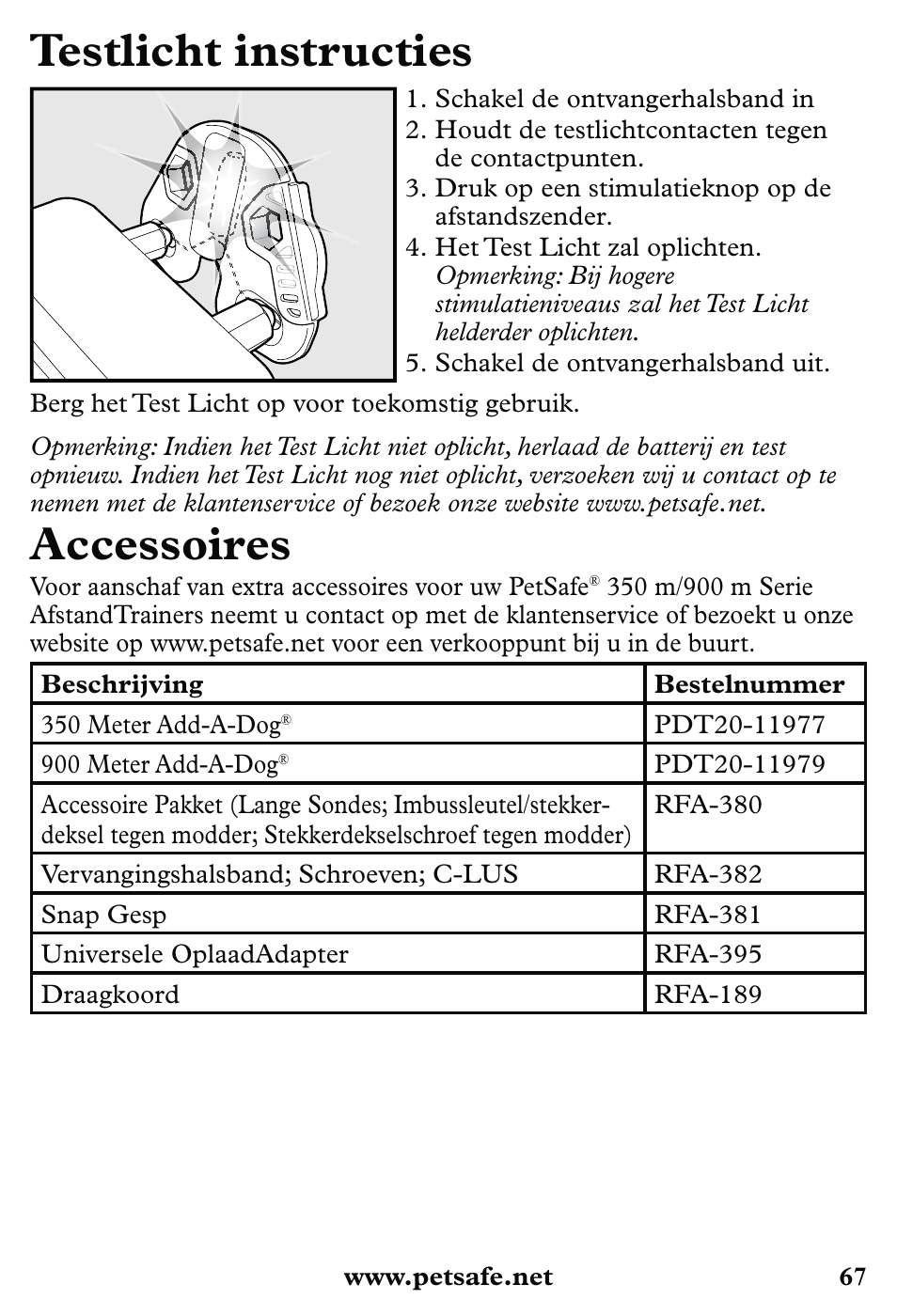 Testlicht instructies, Accessoires | Petsafe 350 m Little Dog Deluxe Remote Trainer User Manual | Page 67 / 164