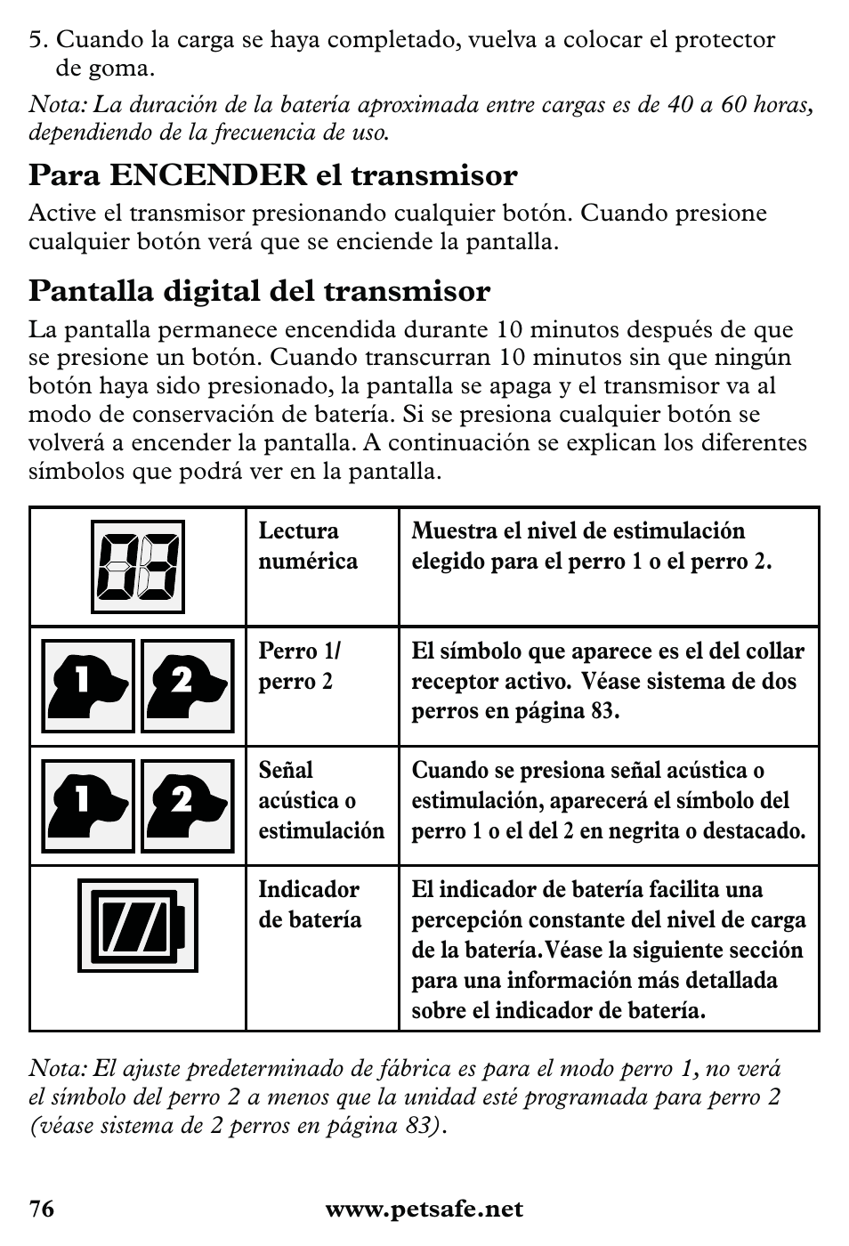 Para encender el transmisor, Pantalla digital del transmisor | Petsafe 350 m Little Dog Deluxe Remote Trainer User Manual | Page 76 / 164