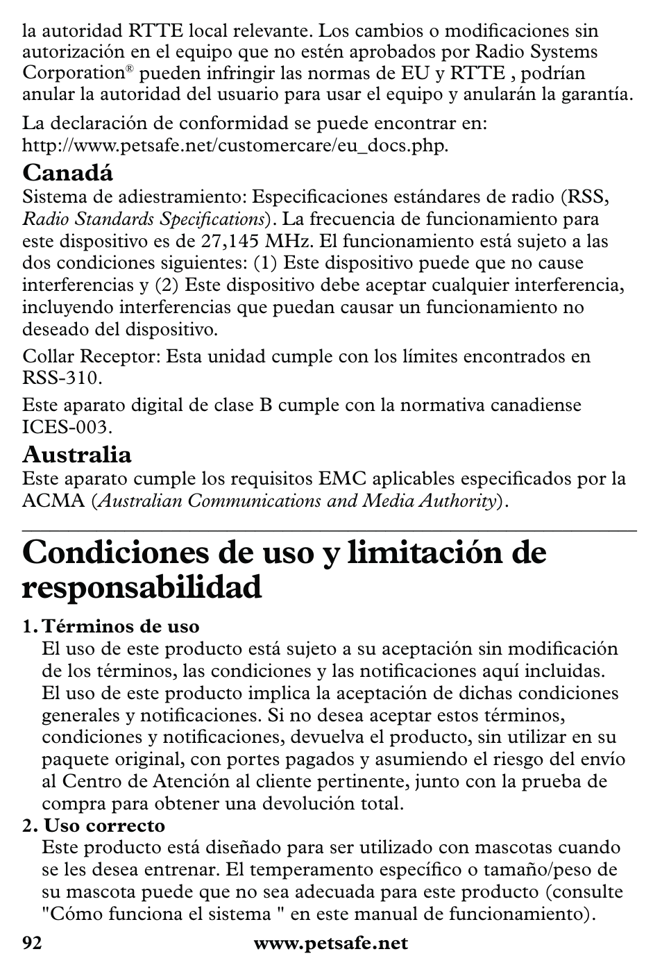Condiciones de uso y limitación de responsabilidad, Canadá, Australia | Petsafe 350 m Little Dog Deluxe Remote Trainer User Manual | Page 92 / 164