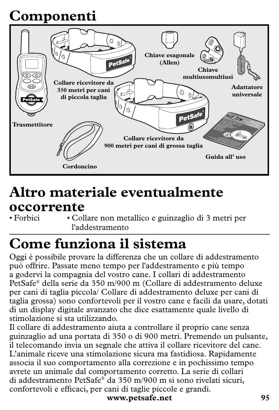 Componenti, Altro materiale eventualmente occorrente, Come funziona il sistema | Petsafe 350 m Little Dog Deluxe Remote Trainer User Manual | Page 95 / 164