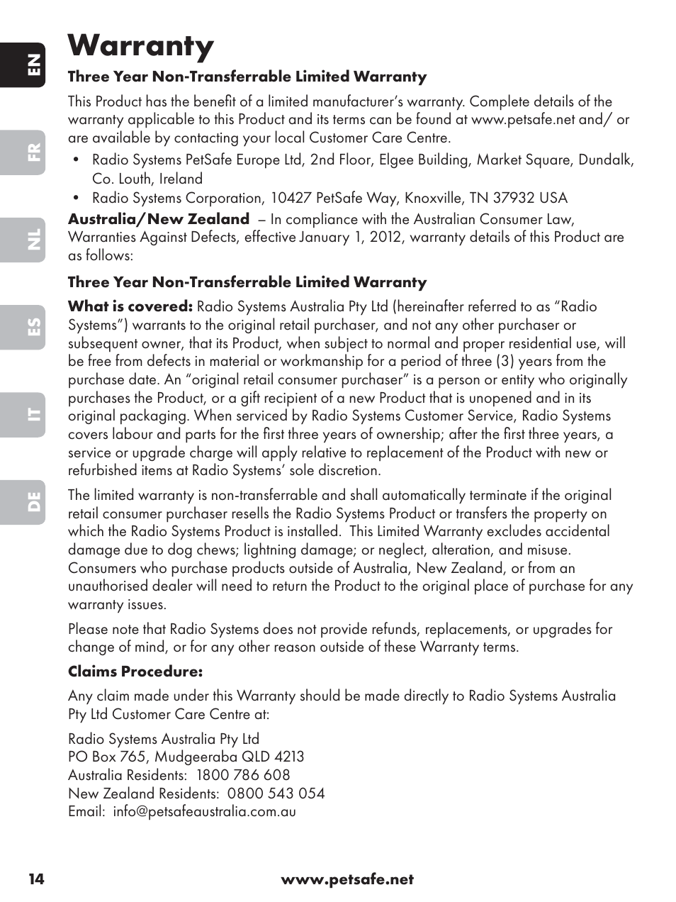 Warranty | Petsafe Anti-Bark Spray Collar User Manual | Page 14 / 84