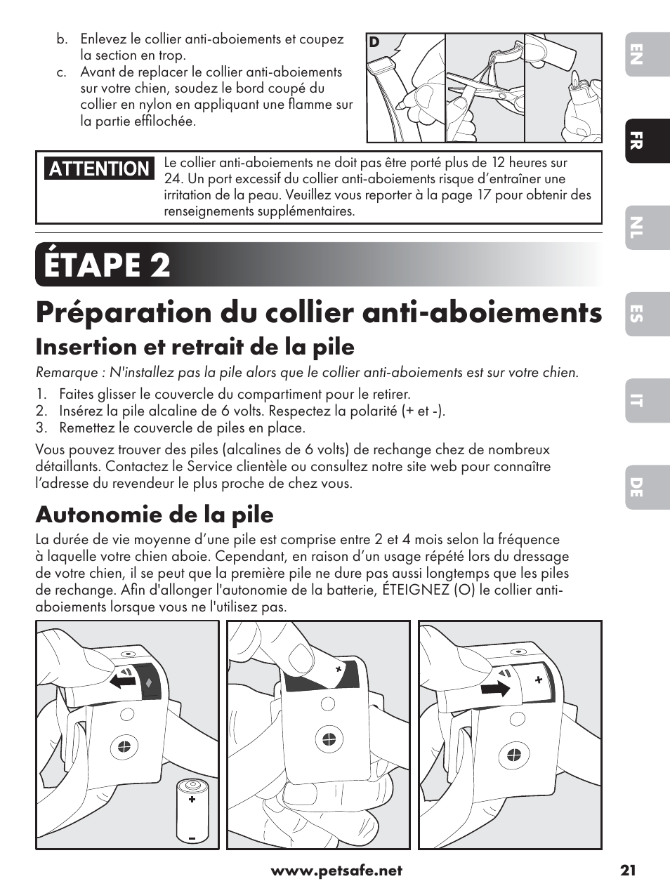 Étape 2, Préparation du collier anti-aboiements, Insertion et retrait de la pile | Autonomie de la pile | Petsafe Anti-Bark Spray Collar User Manual | Page 21 / 84
