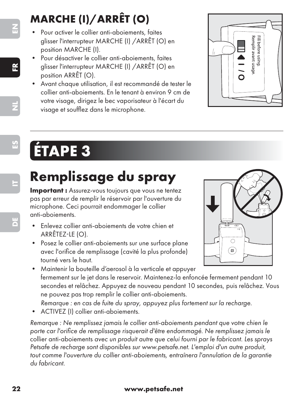 Étape 3, Remplissage du spray, Marche (i)/arrêt (o) | Petsafe Anti-Bark Spray Collar User Manual | Page 22 / 84