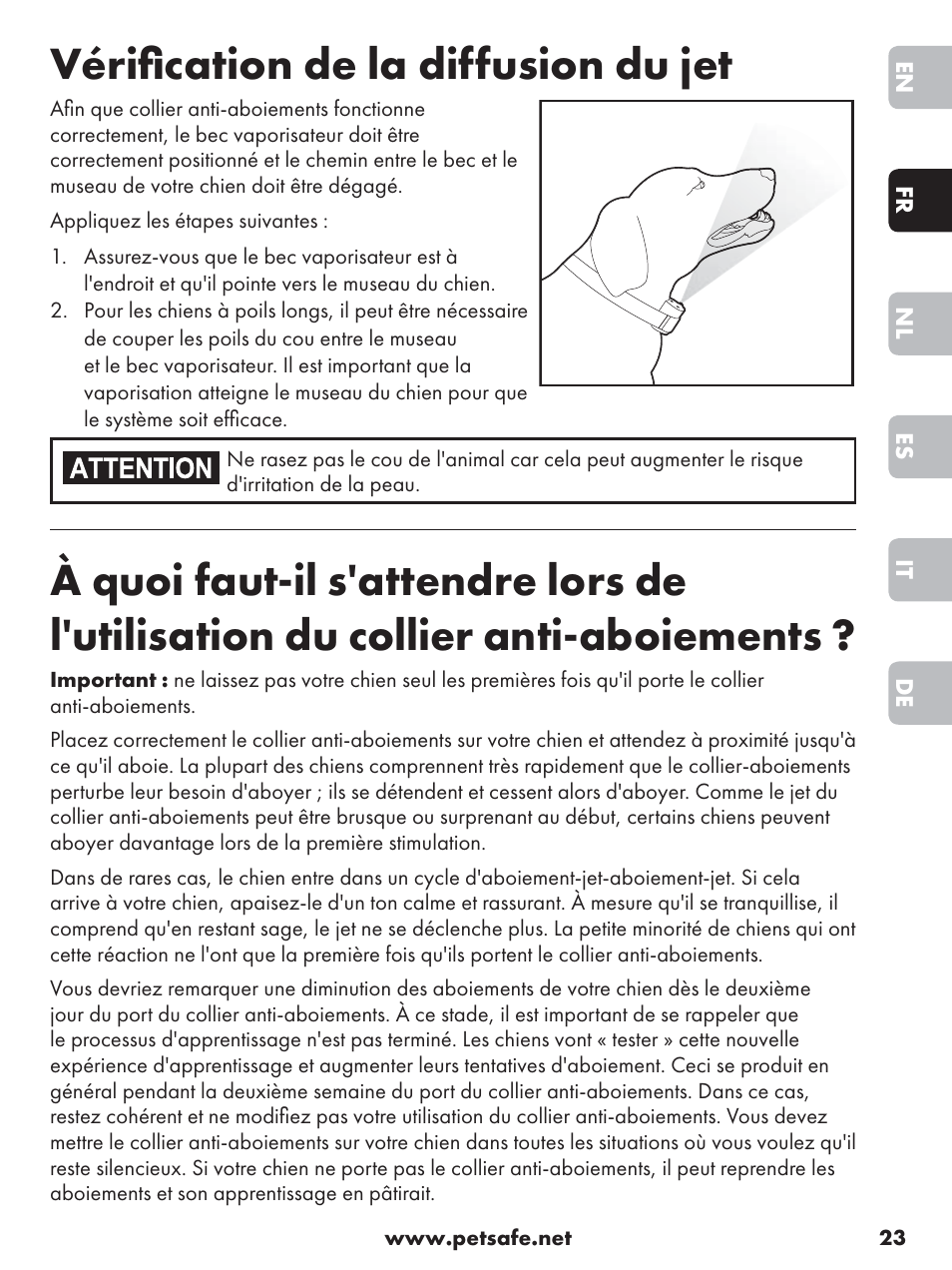 Vériﬁ cation de la diffusion du jet | Petsafe Anti-Bark Spray Collar User Manual | Page 23 / 84