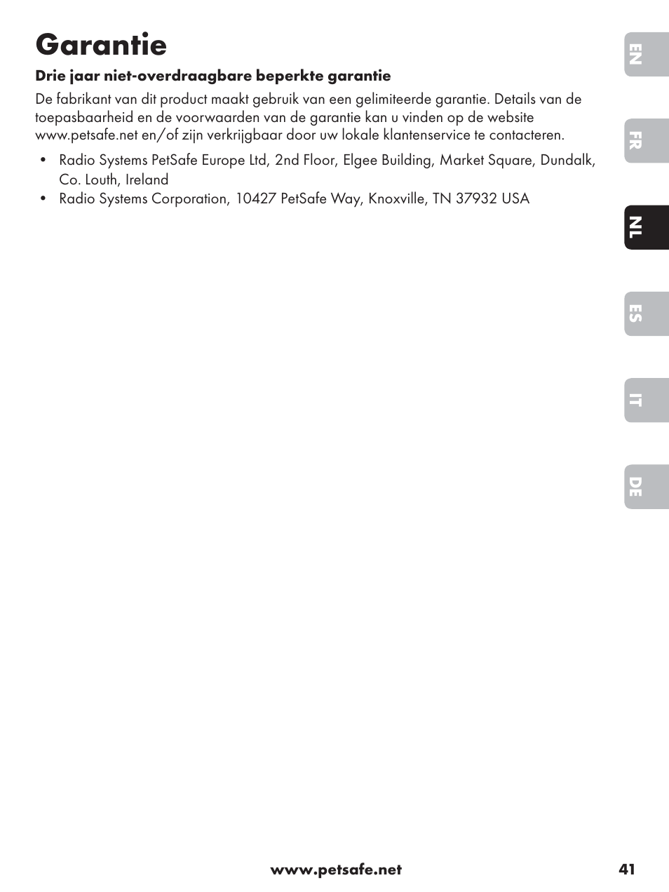 Garantie | Petsafe Anti-Bark Spray Collar User Manual | Page 41 / 84