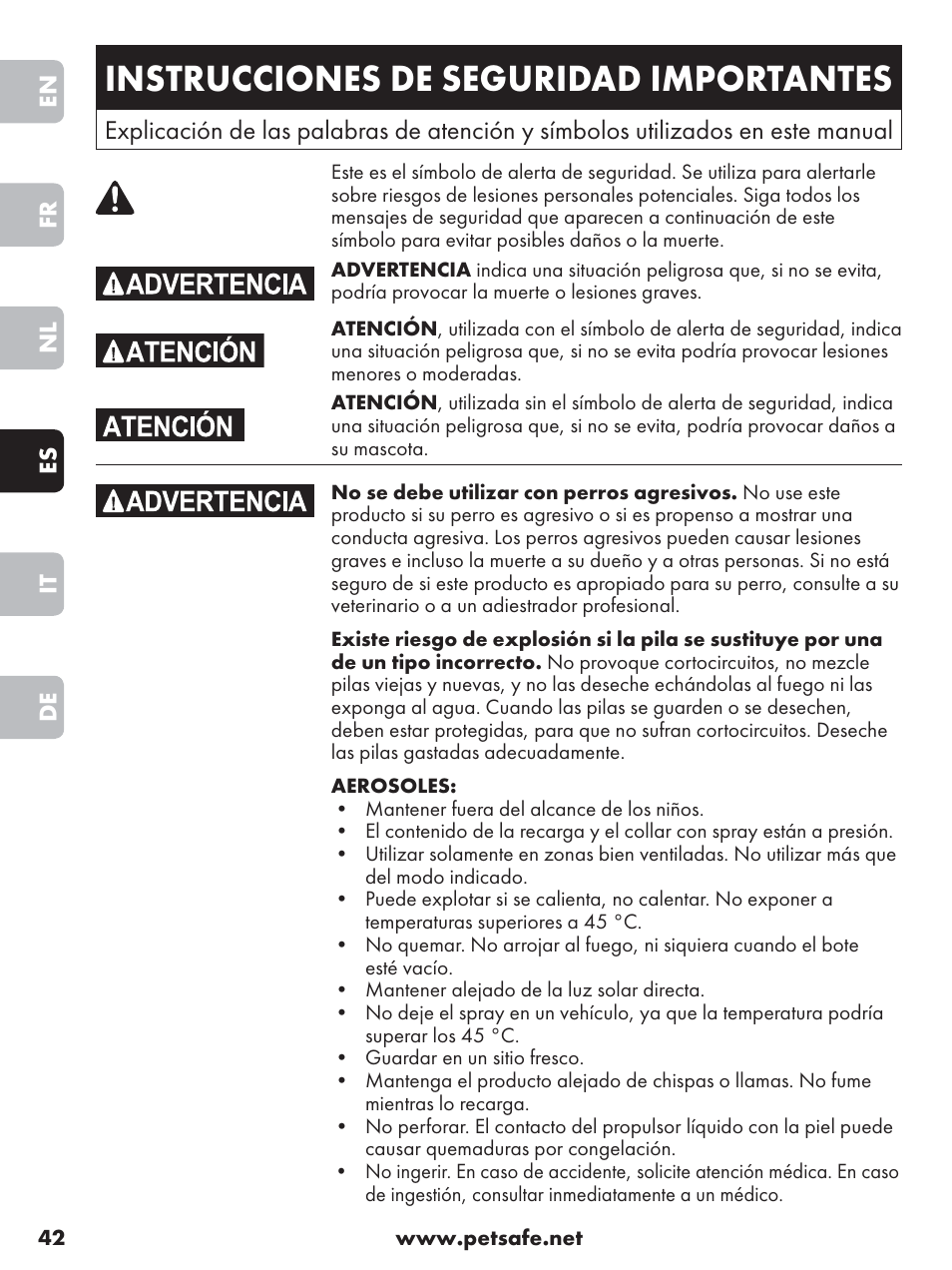 Instrucciones de seguridad importantes | Petsafe Anti-Bark Spray Collar User Manual | Page 42 / 84