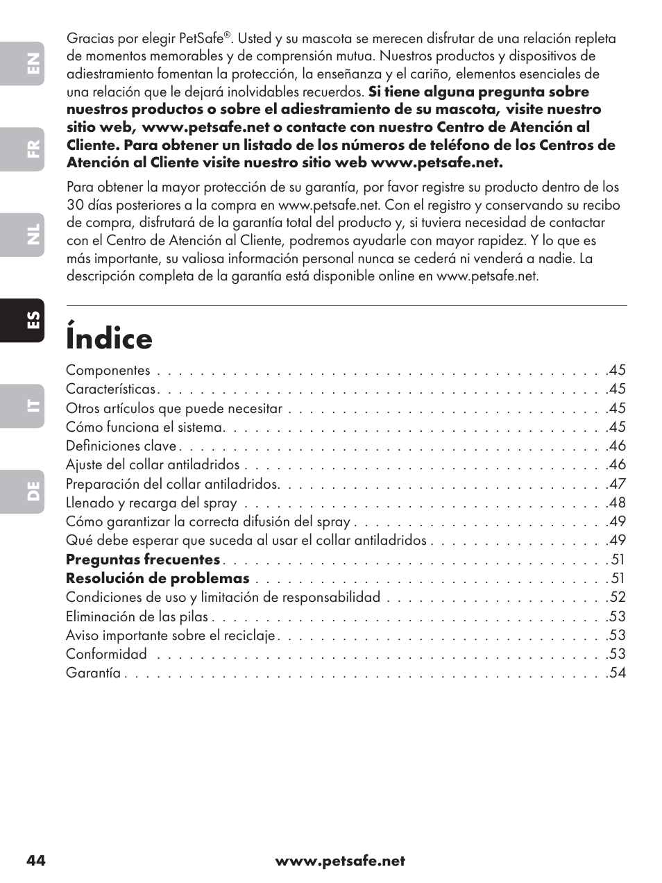 Índice | Petsafe Anti-Bark Spray Collar User Manual | Page 44 / 84