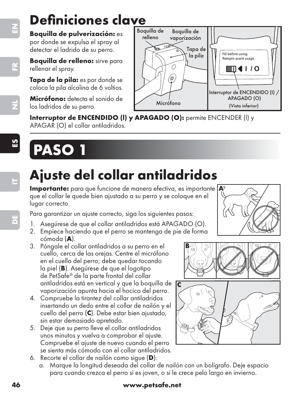 Paso 1, Deﬁ niciones clave, Ajuste del collar antiladridos | Petsafe Anti-Bark Spray Collar User Manual | Page 46 / 84
