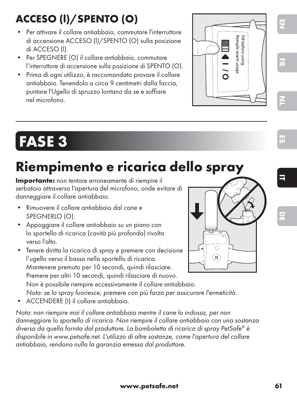 Fase 3, Riempimento e ricarica dello spray, Acceso (l)/spento (o) | Petsafe Anti-Bark Spray Collar User Manual | Page 61 / 84