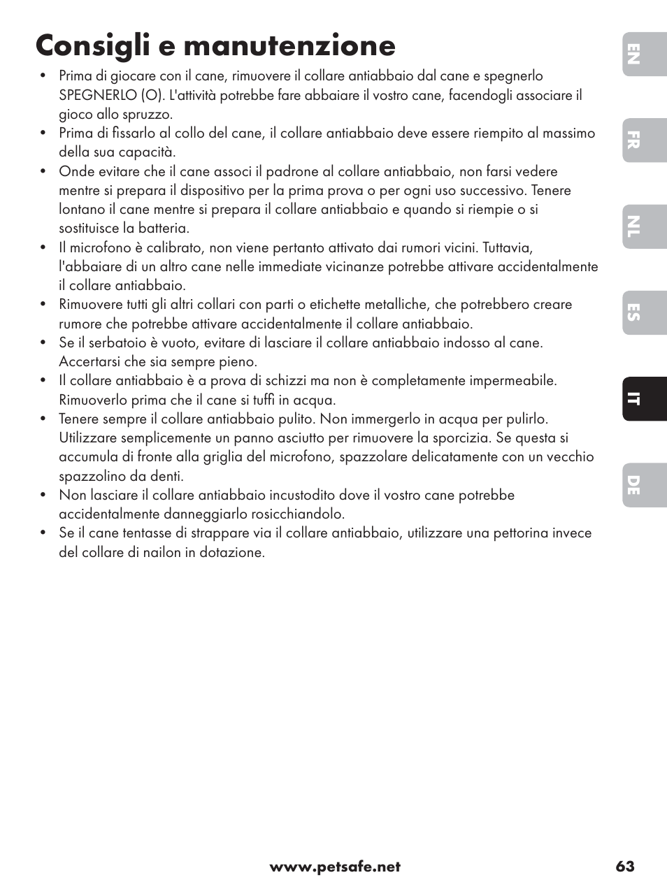 Consigli e manutenzione | Petsafe Anti-Bark Spray Collar User Manual | Page 63 / 84
