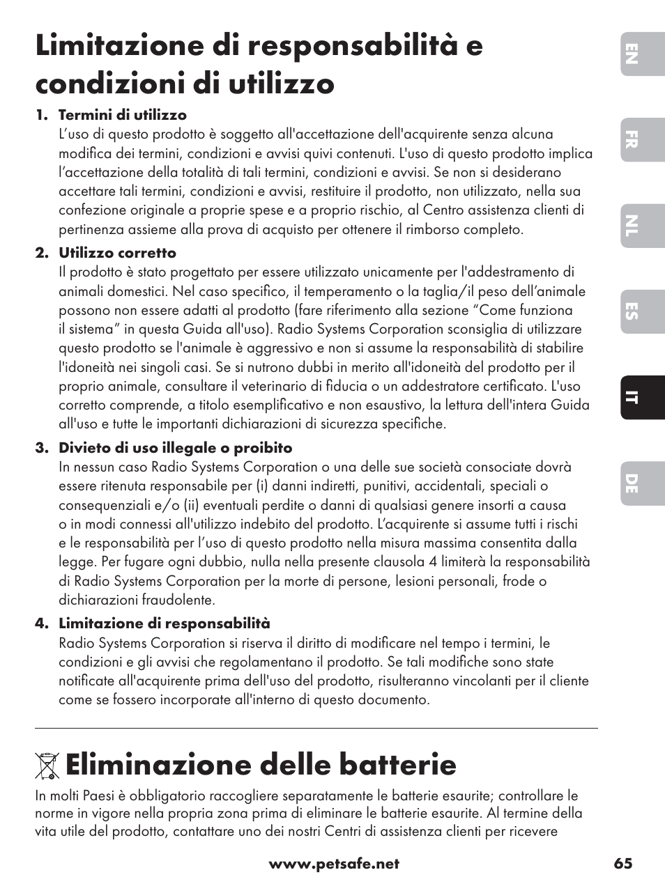 Eliminazione delle batterie | Petsafe Anti-Bark Spray Collar User Manual | Page 65 / 84