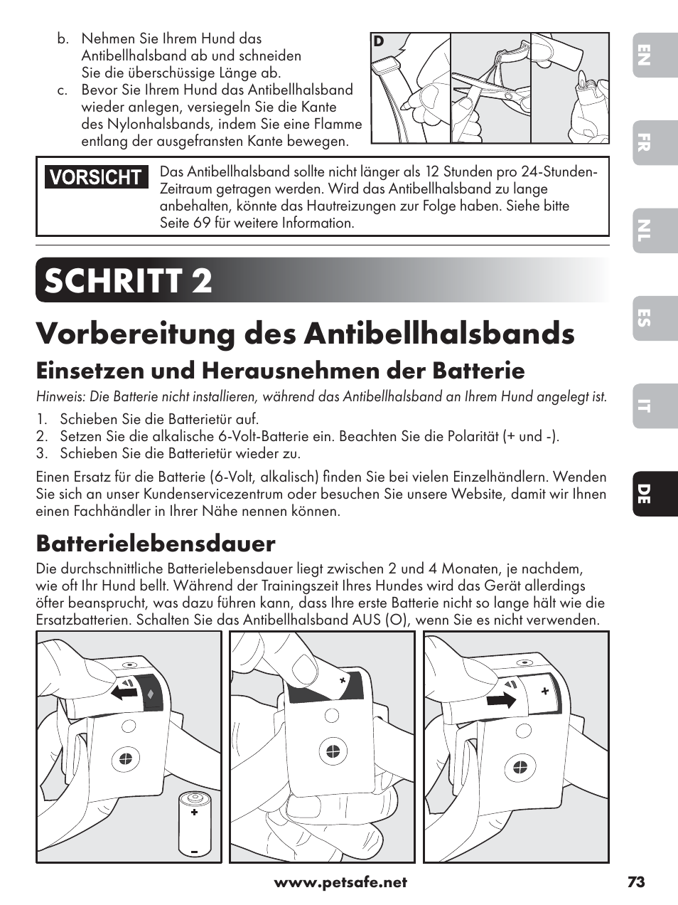 Schritt 2, Vorbereitung des antibellhalsbands, Einsetzen und herausnehmen der batterie | Batterielebensdauer | Petsafe Anti-Bark Spray Collar User Manual | Page 73 / 84