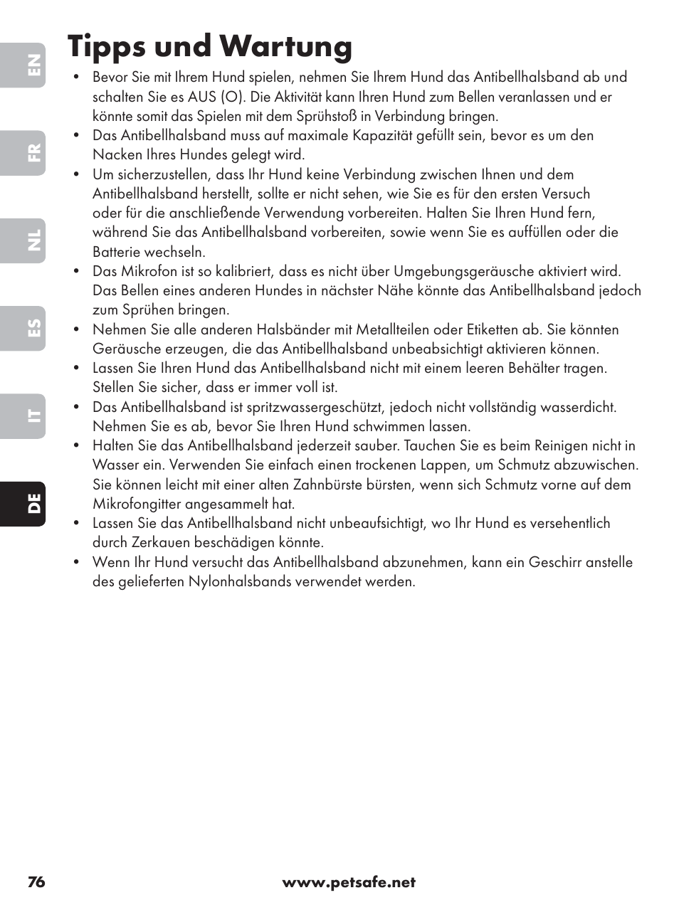 Tipps und wartung | Petsafe Anti-Bark Spray Collar User Manual | Page 76 / 84