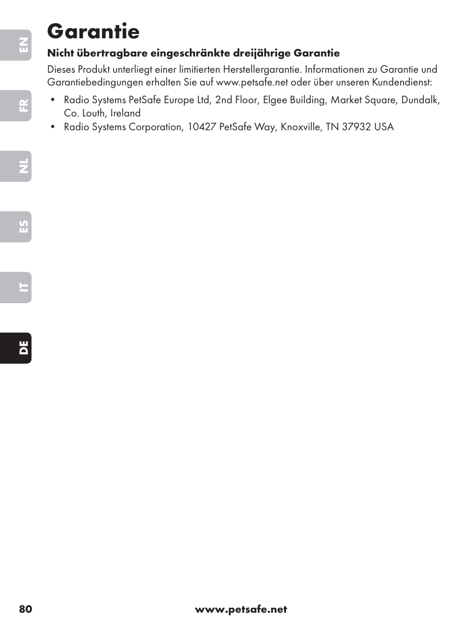Garantie | Petsafe Anti-Bark Spray Collar User Manual | Page 80 / 84