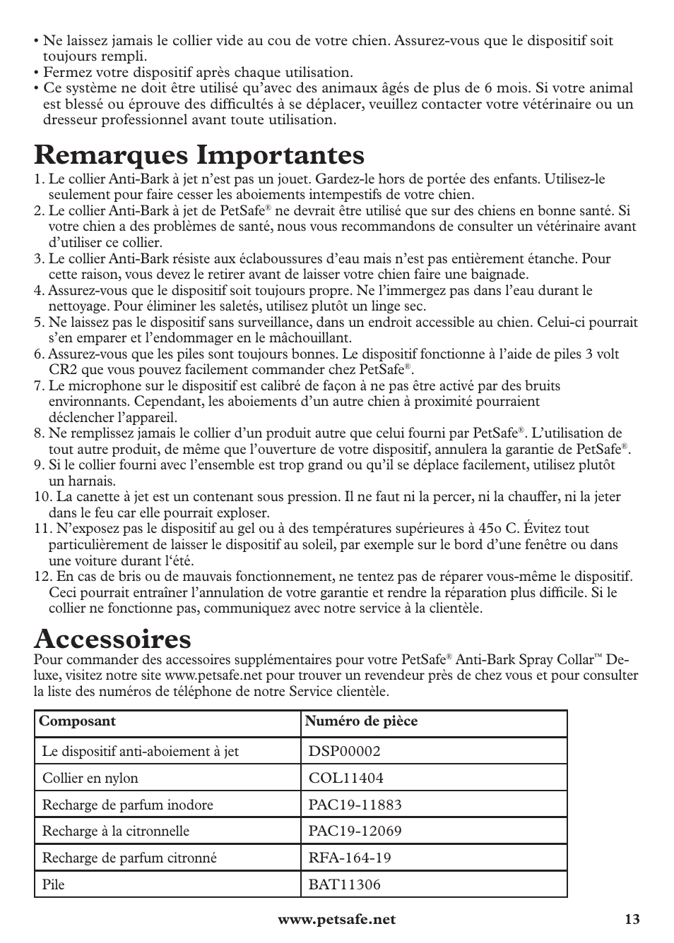 Remarques importantes, Accessoires | Petsafe Anti-Bark Spray Collar User Manual | Page 13 / 44
