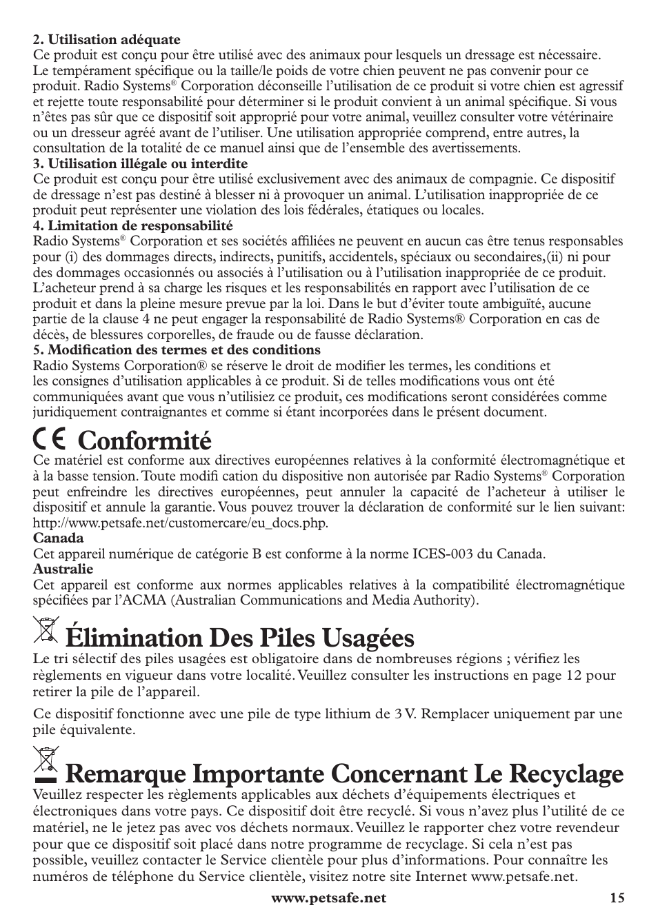 Conformité, Élimination des piles usagées, Remarque importante concernant le recyclage | Petsafe Anti-Bark Spray Collar User Manual | Page 15 / 44