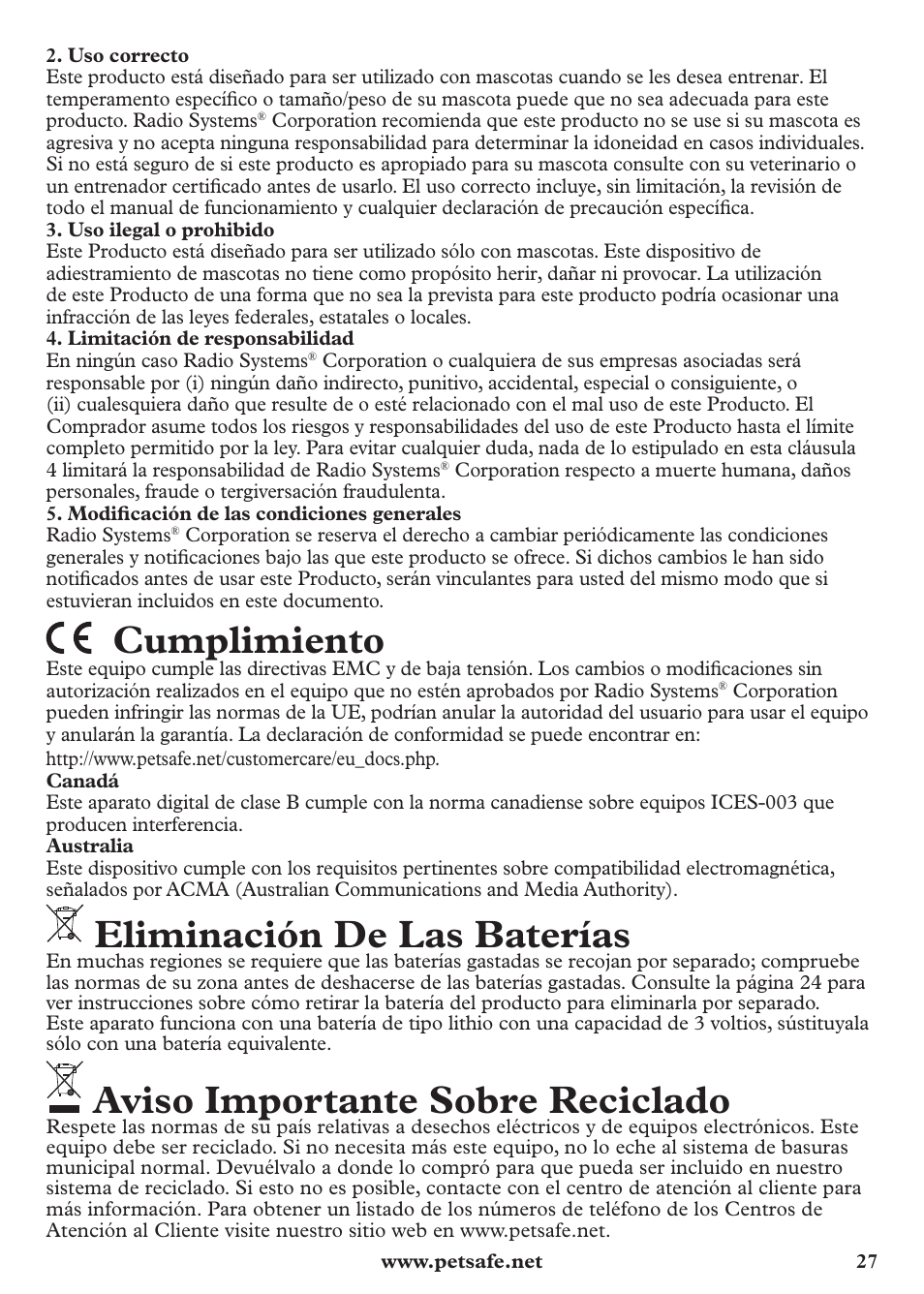 Cumplimiento, Eliminación de las baterías, Aviso importante sobre reciclado | Petsafe Anti-Bark Spray Collar User Manual | Page 27 / 44