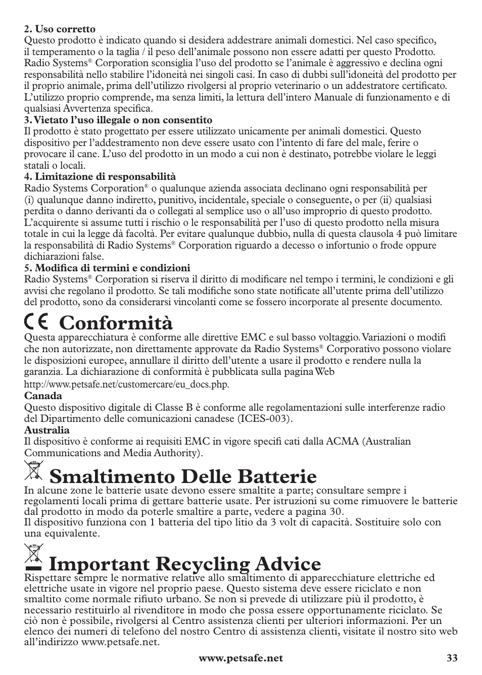 Conformità, Smaltimento delle batterie, Important recycling advice | Petsafe Anti-Bark Spray Collar User Manual | Page 33 / 44
