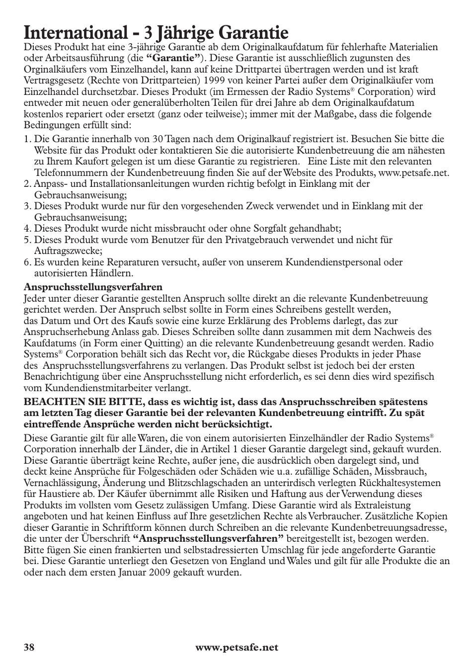 International - 3 jährige garantie | Petsafe Anti-Bark Spray Collar User Manual | Page 38 / 44