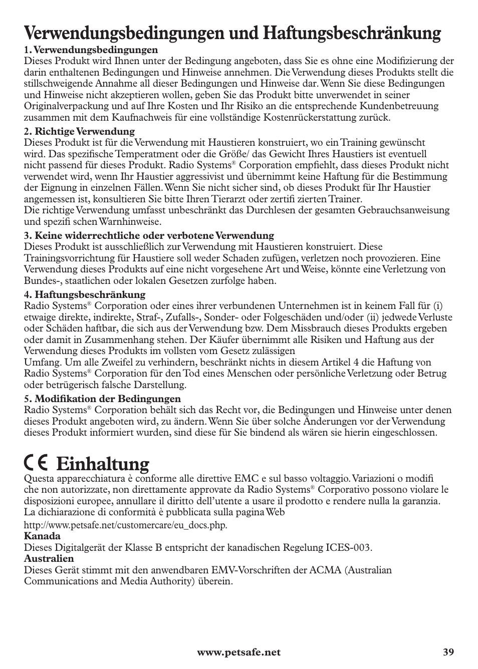 Verwendungsbedingungen und haftungsbeschränkung, Einhaltung | Petsafe Anti-Bark Spray Collar User Manual | Page 39 / 44