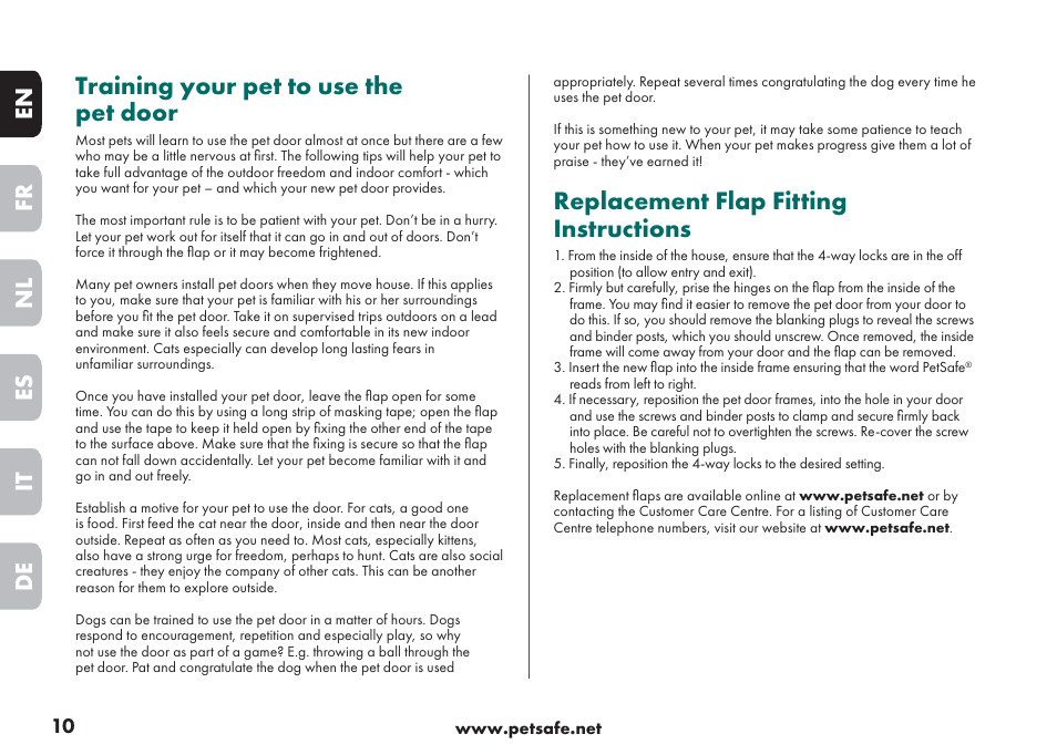 Training your pet to use the pet door, Replacement flap fitting instructions, En fr es nl it de | Petsafe Big Cat/Small Dog Pet Door User Manual | Page 10 / 64