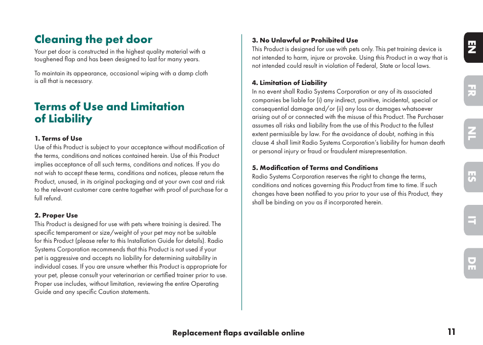 Cleaning the pet door, Terms of use and limitation of liability, De it nl es fr en | Petsafe Big Cat/Small Dog Pet Door User Manual | Page 11 / 64