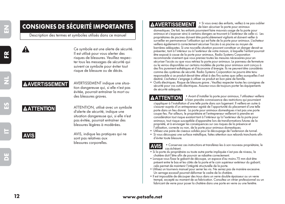 En fr es nl it de, Consignes de sécurité importantes | Petsafe Big Cat/Small Dog Pet Door User Manual | Page 12 / 64