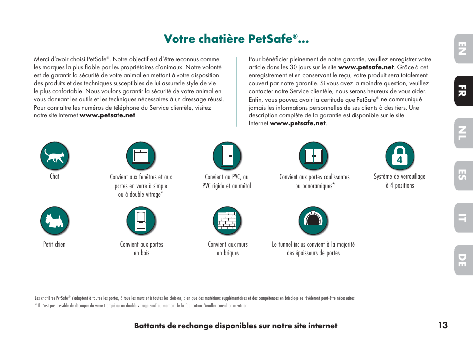 Votre chatière petsafe, De it nl es fr en | Petsafe Big Cat/Small Dog Pet Door User Manual | Page 13 / 64