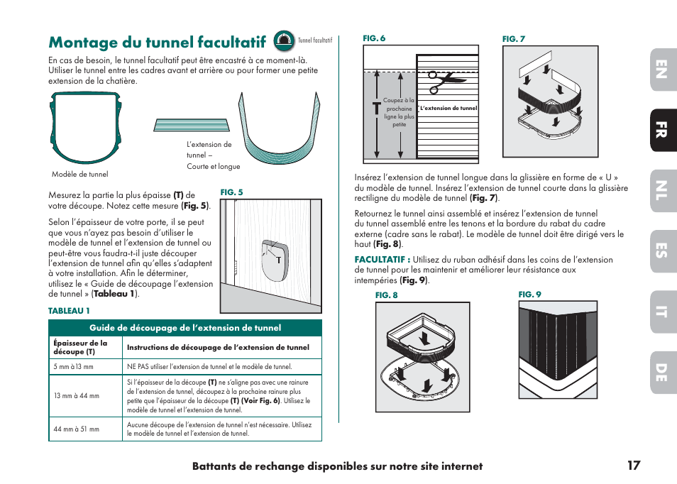 Montage du tunnel facultatif, De it nl es fr en | Petsafe Big Cat/Small Dog Pet Door User Manual | Page 17 / 64