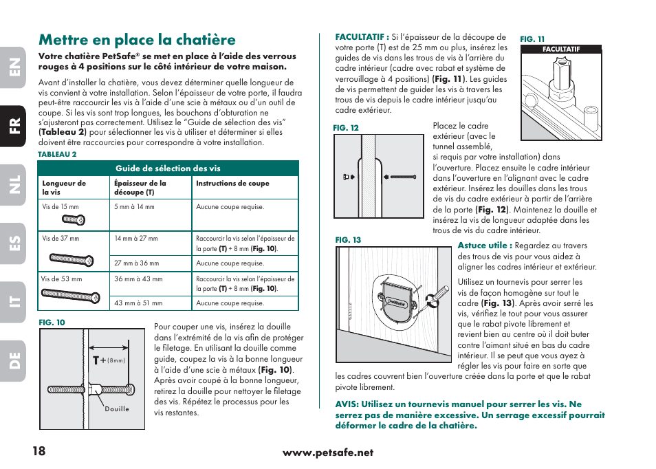 Mettre en place la chatière, En fr es nl it de | Petsafe Big Cat/Small Dog Pet Door User Manual | Page 18 / 64