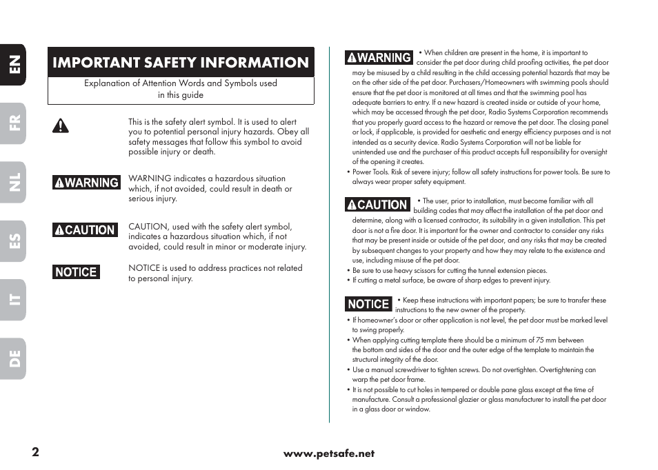 En fr es nl it de, Important safety information | Petsafe Big Cat/Small Dog Pet Door User Manual | Page 2 / 64