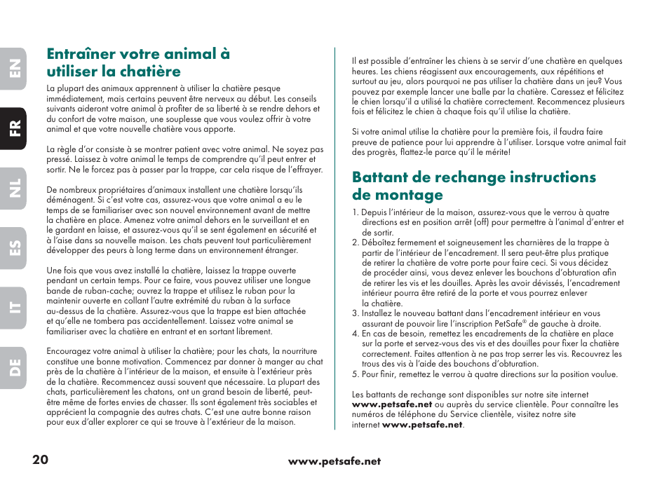 Entraîner votre animal à utiliser la chatière, Battant de rechange instructions de montage, En fr es nl it de | Petsafe Big Cat/Small Dog Pet Door User Manual | Page 20 / 64