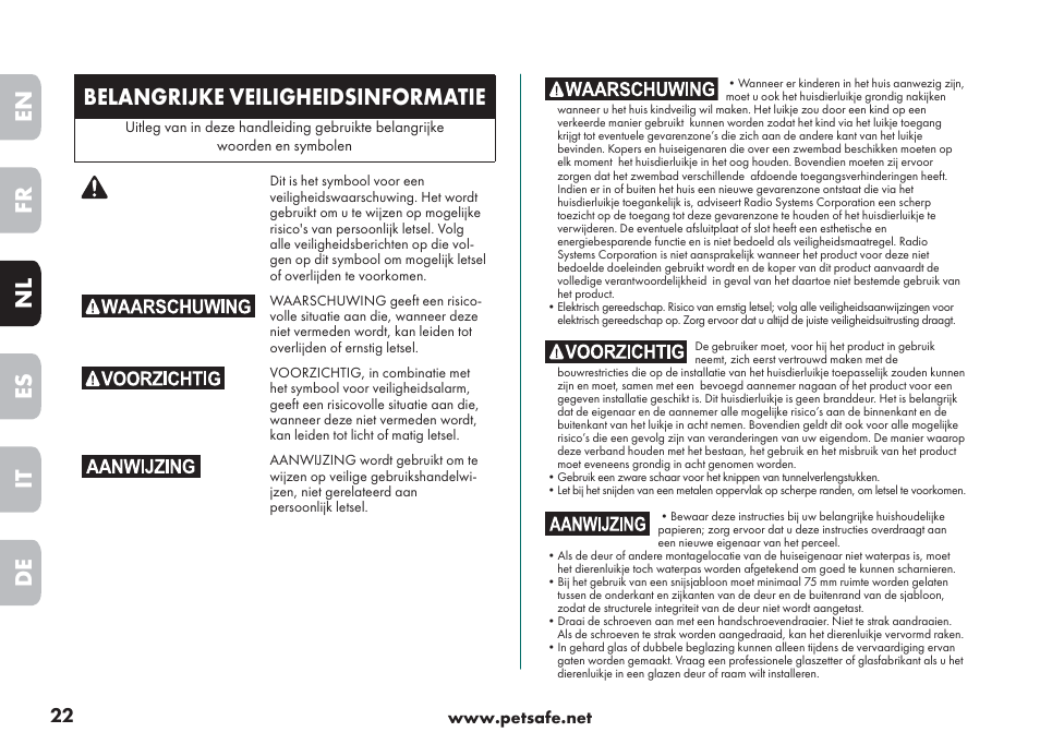 En fr es nl it de, Belangrijke veiligheidsinformatie | Petsafe Big Cat/Small Dog Pet Door User Manual | Page 22 / 64
