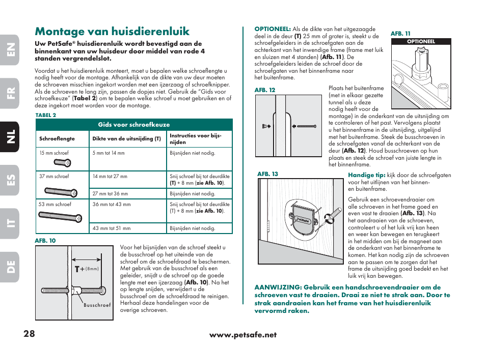 Montage van huisdierenluik, En fr es nl it de | Petsafe Big Cat/Small Dog Pet Door User Manual | Page 28 / 64