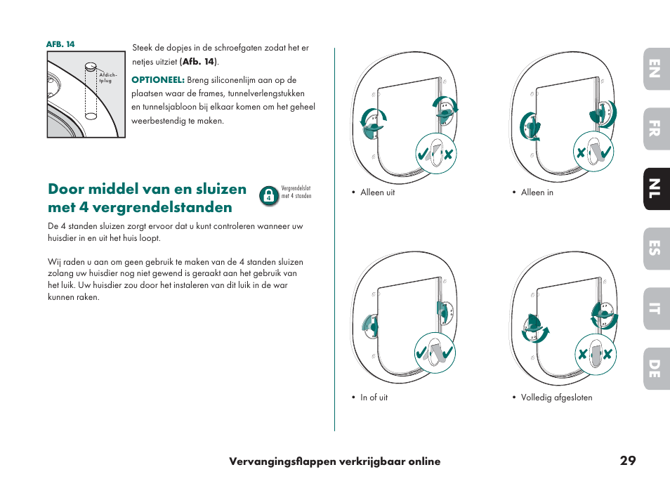 De it nl es fr en, Door middel van en sluizen met 4 vergrendelstanden | Petsafe Big Cat/Small Dog Pet Door User Manual | Page 29 / 64