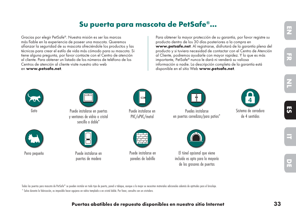 Su puerta para mascota de petsafe, De it nl es fr en | Petsafe Big Cat/Small Dog Pet Door User Manual | Page 33 / 64
