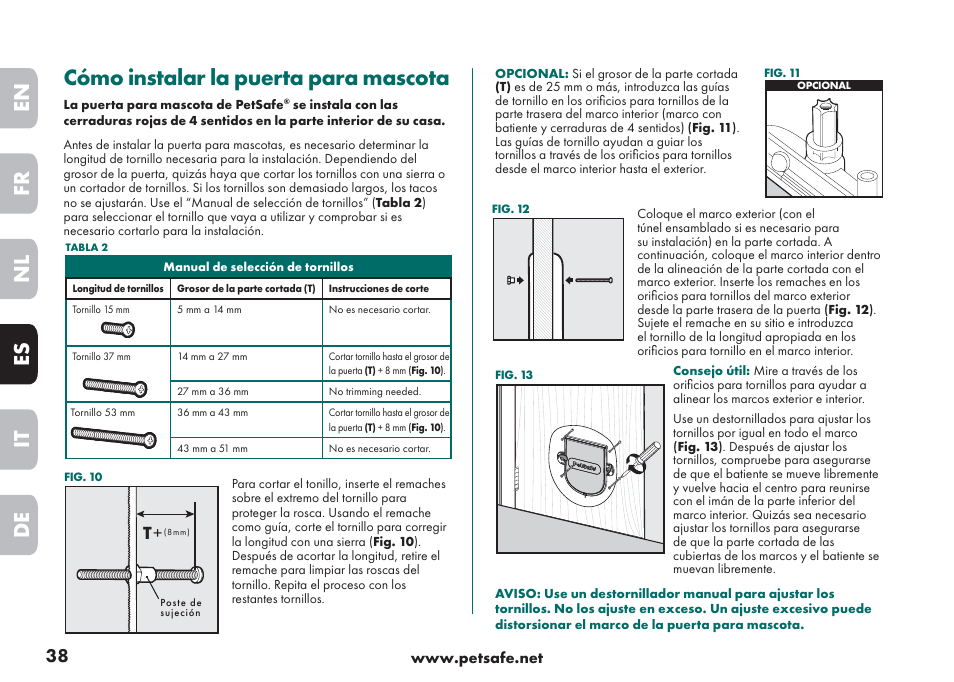 Cómo instalar la puerta para mascota, En fr es nl it de | Petsafe Big Cat/Small Dog Pet Door User Manual | Page 38 / 64