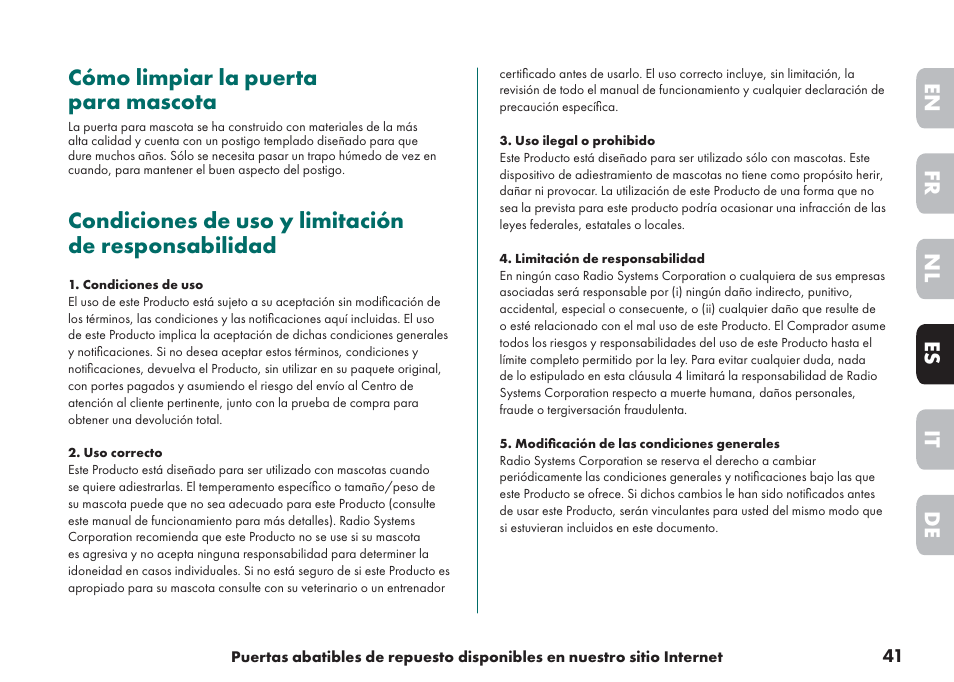 Cómo limpiar la puerta para mascota, Condiciones de uso y limitación de responsabilidad, De it nl es fr en | Petsafe Big Cat/Small Dog Pet Door User Manual | Page 41 / 64