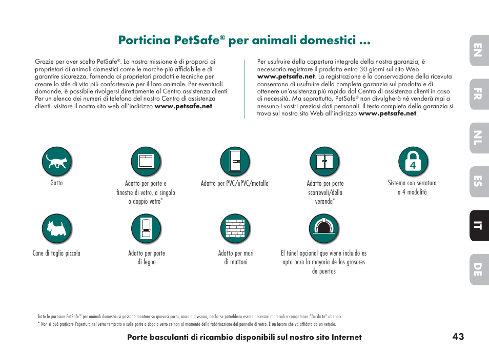 Porticina petsafe, Per animali domestici, De it nl es fr en | Petsafe Big Cat/Small Dog Pet Door User Manual | Page 43 / 64