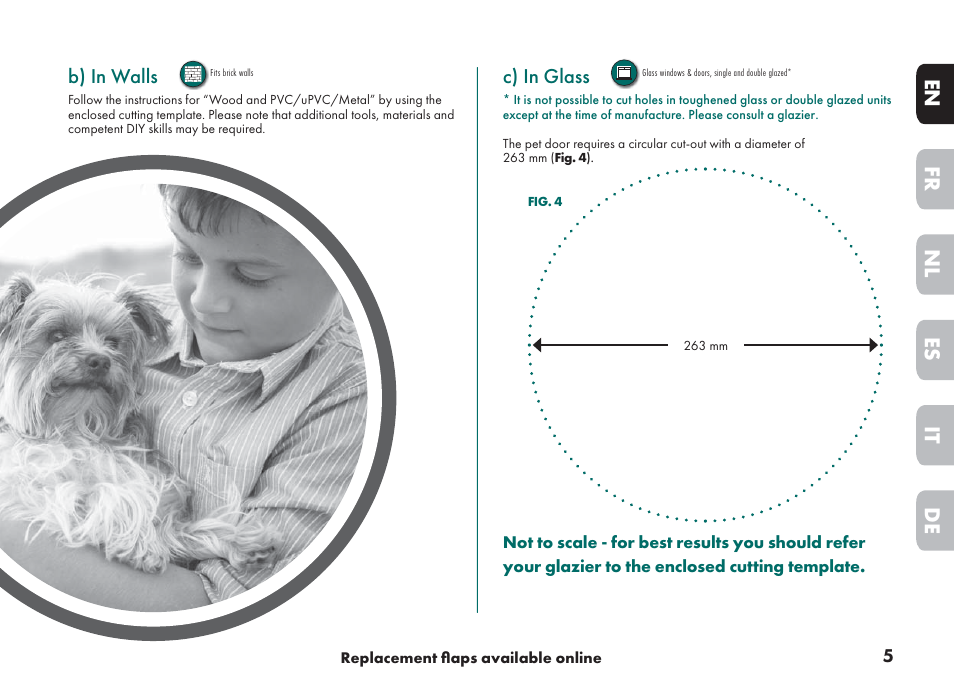 De it nl es fr en, B) in walls, C) in glass | Petsafe Big Cat/Small Dog Pet Door User Manual | Page 5 / 64