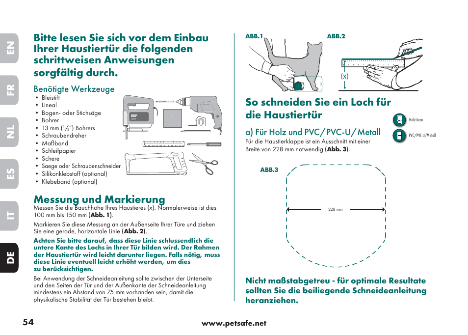 Messung und markierung, So schneiden sie ein loch für die haustiertür | Petsafe Big Cat/Small Dog Pet Door User Manual | Page 54 / 64