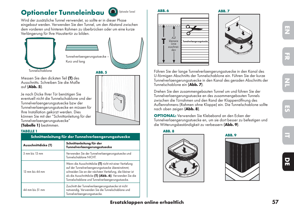 Optionaler tunneleinbau, De it nl es fr en | Petsafe Big Cat/Small Dog Pet Door User Manual | Page 57 / 64