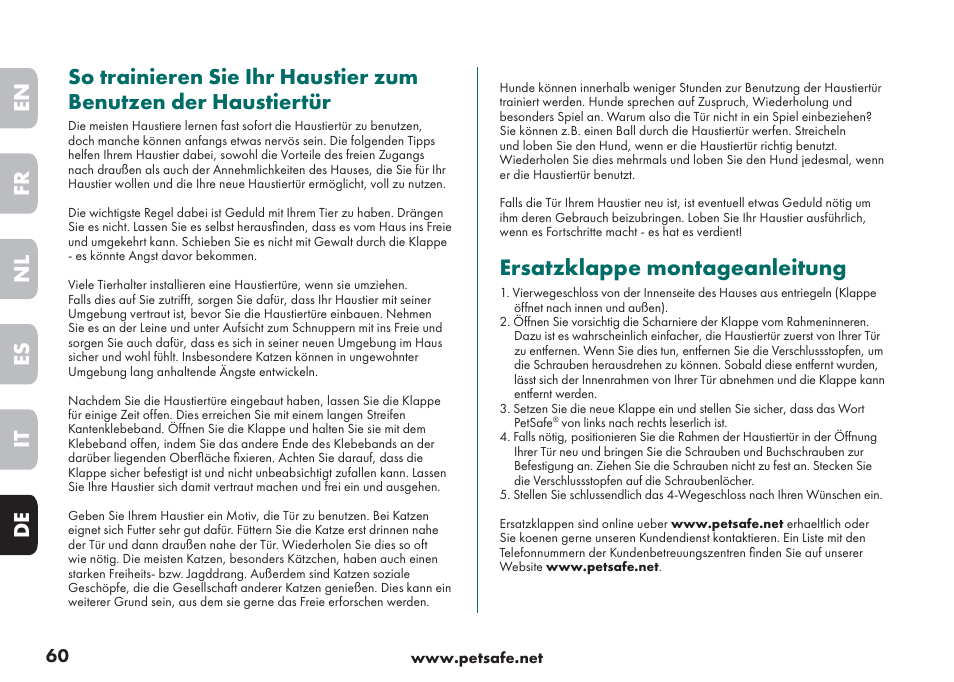 Ersatzklappe montageanleitung | Petsafe Big Cat/Small Dog Pet Door User Manual | Page 60 / 64