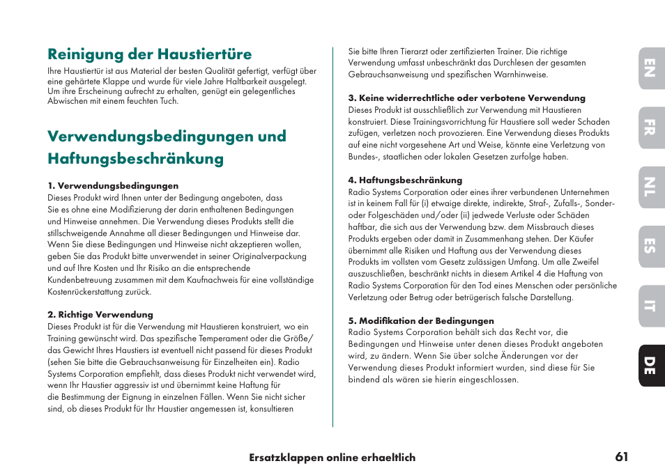 Reinigung der haustiertüre, Verwendungsbedingungen und haftungsbeschränkung, De it nl es fr en | Petsafe Big Cat/Small Dog Pet Door User Manual | Page 61 / 64